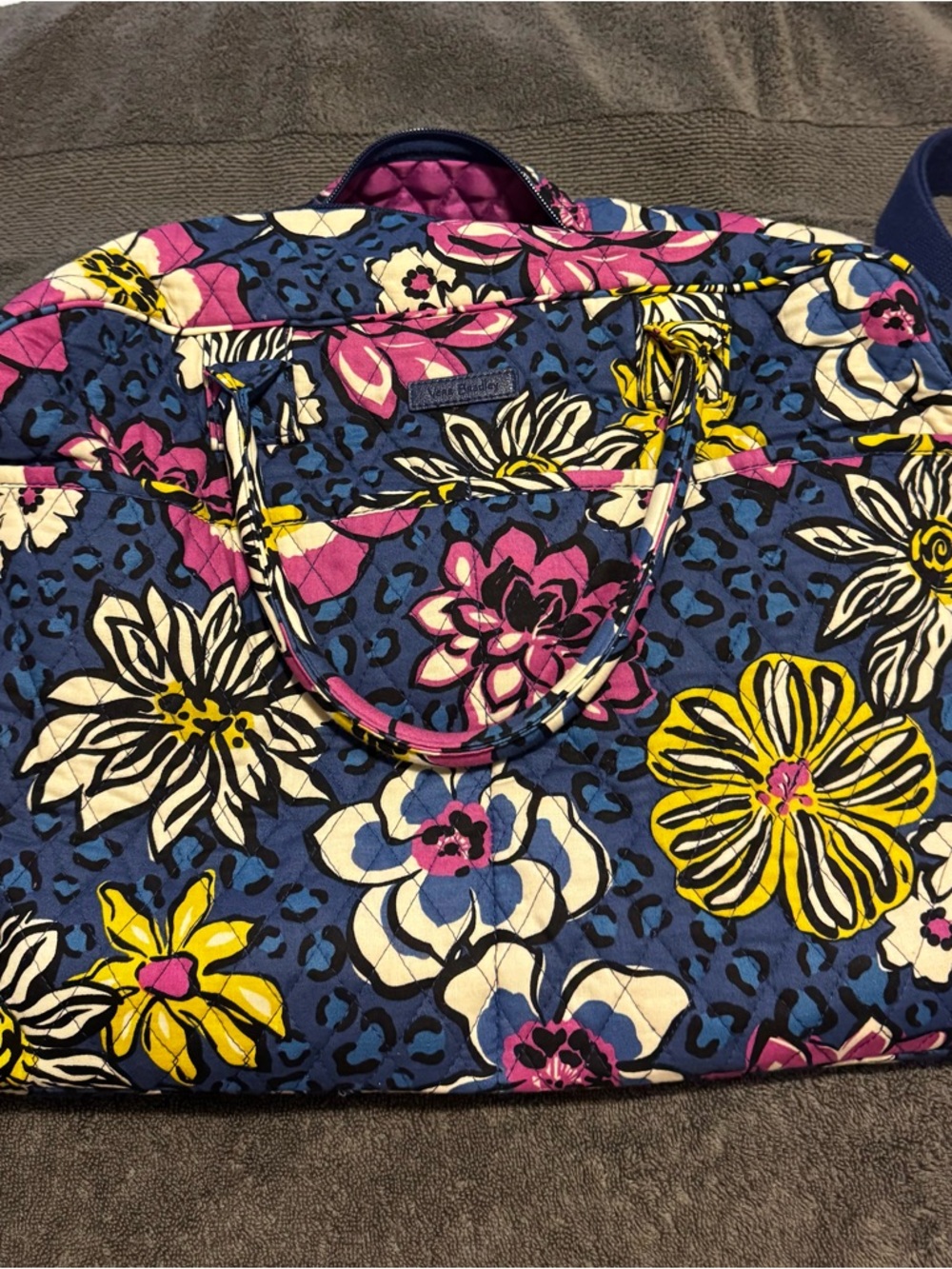 Vera Bradley Navy Blue Quilted Floral Tote with Pink & Yellow Accents